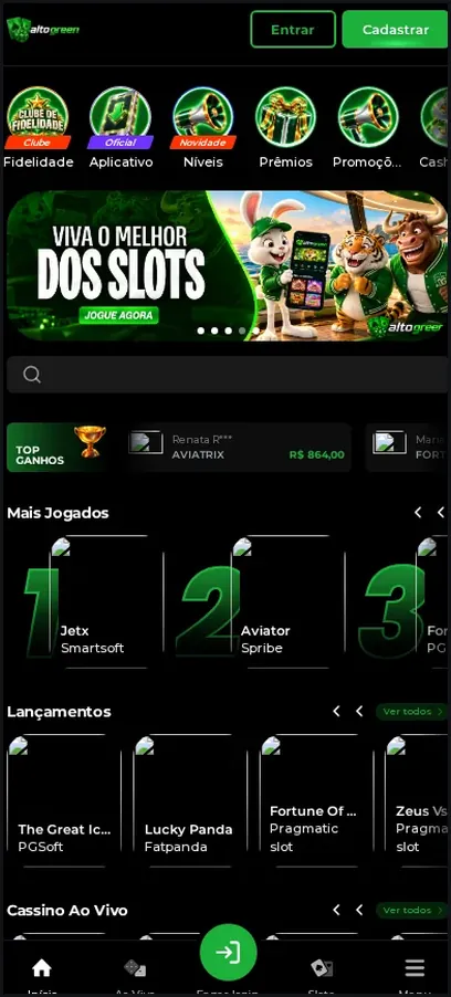 Página inicial móvel do Alto Green, banner "VIVA O MELHOR DOS SLOTS" com grade de jogos, 21.10.2026