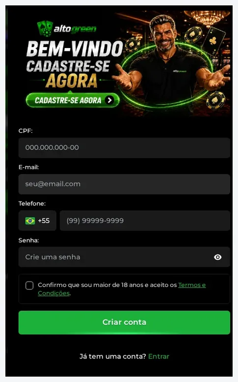 Formulário de registro do Alto Green, botão "Criar conta", 19.10.2026