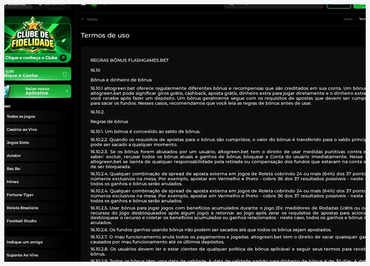 Página Termos de Uso do Alto Green, cabeçalho "Termos de uso" com menu de seções legais na barra lateral, 19.10.2026