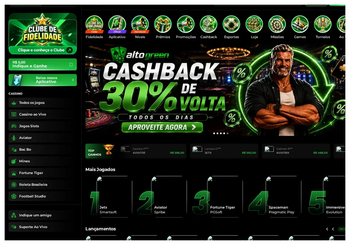 Página inicial do Alto Green Casino, banner hero "Cashback 30% de Volta" com botão de chamada para ação, 19.10.2026