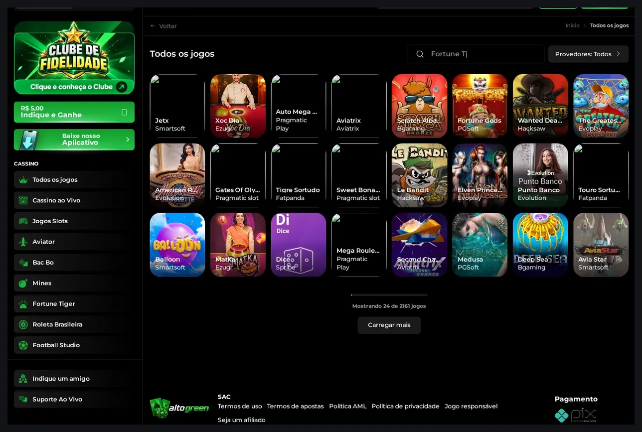 Lobby de jogos do Alto Green casino, grade de 24 cards de jogos com cabeçalho "Todos os jogos", 19.10.2026